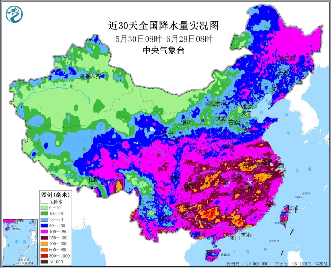 ▲圖為近30天全國降水實況圖。來源：中央氣象臺
