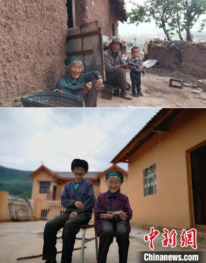 上圖為甲甲溝村村民羅木你坡夫婦所住的舊房，下圖為夫婦倆遷入的新居。(拼版圖) 張浪 攝